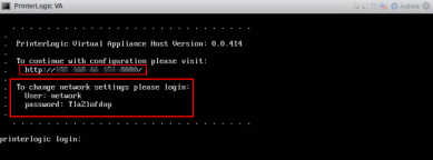 Virtual machine browser console window displays with the virtual appliance version, IP address to visit, and nertwork login settings. 